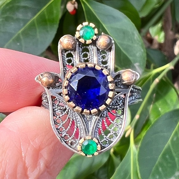 VINTAGE HAMSA VIVID BLUE GREEN PASTE GLASS STONES 925 STERLING SILVER UNIQUE